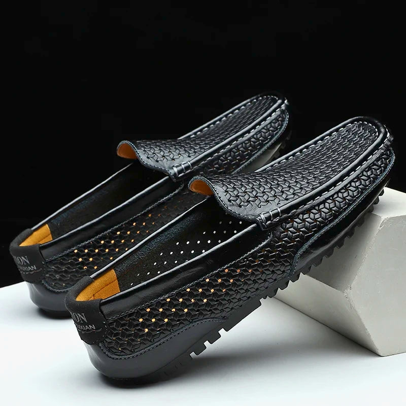 Men's brown genuine leather loafers with perforated detailing for breathable everyday comfort fit