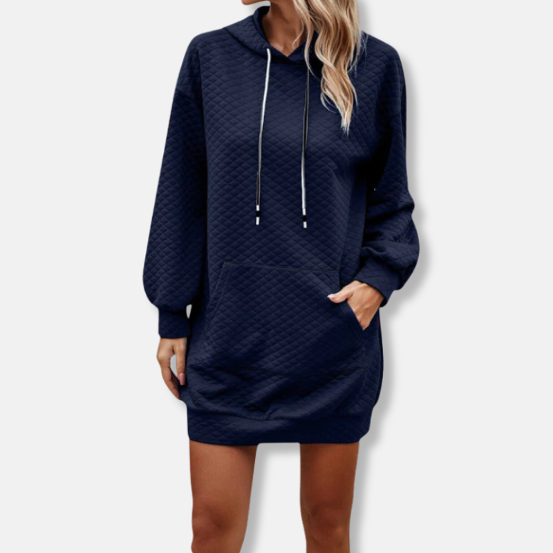 Women's black quilted diamond texture hooded mini dress oversized fit long sleeve with pocket