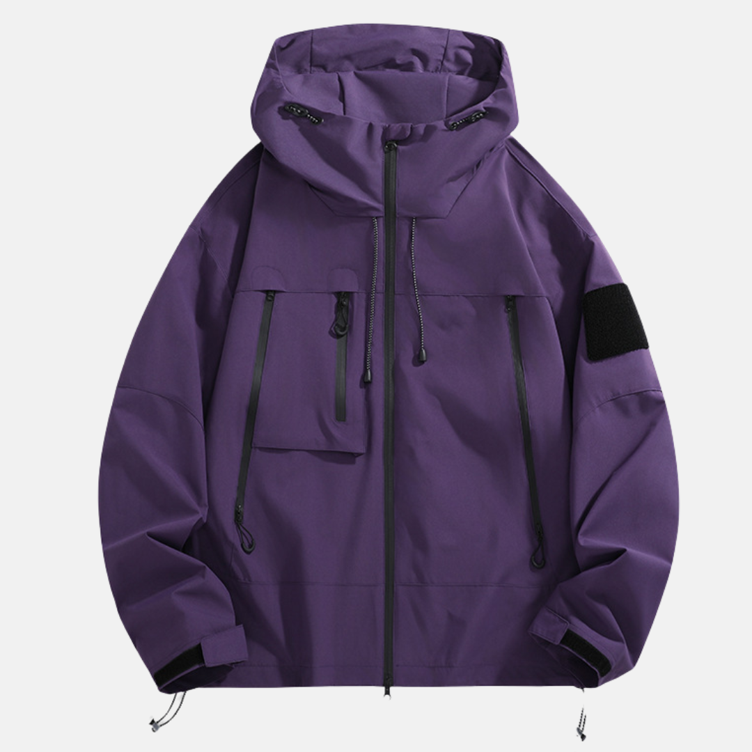 Men's waterproof relaxed-fit outdoor jacket with adjustable hood, durable water-resistant shell