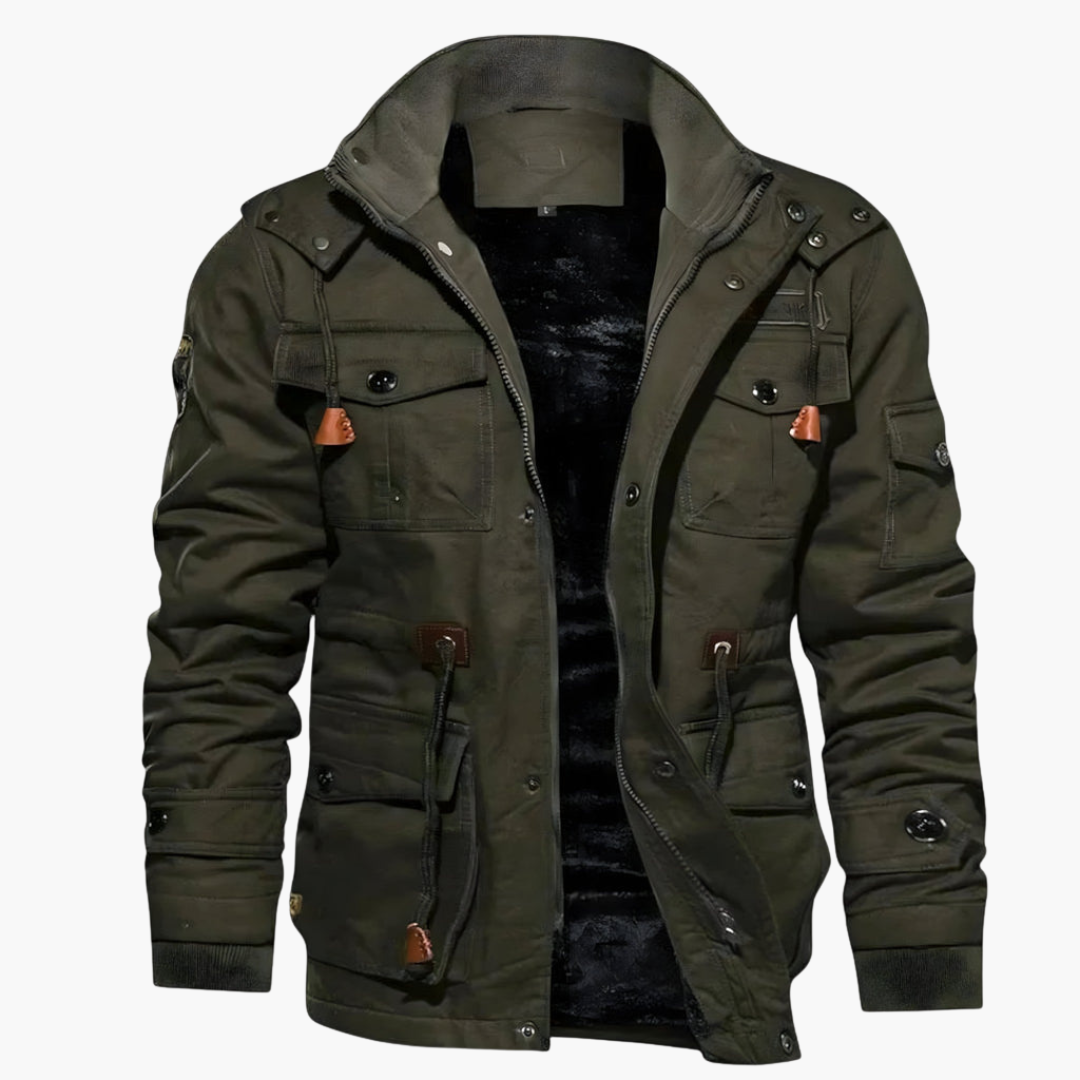 Men's high collar zip jacket with multiple flap pockets, durable casual outdoor style