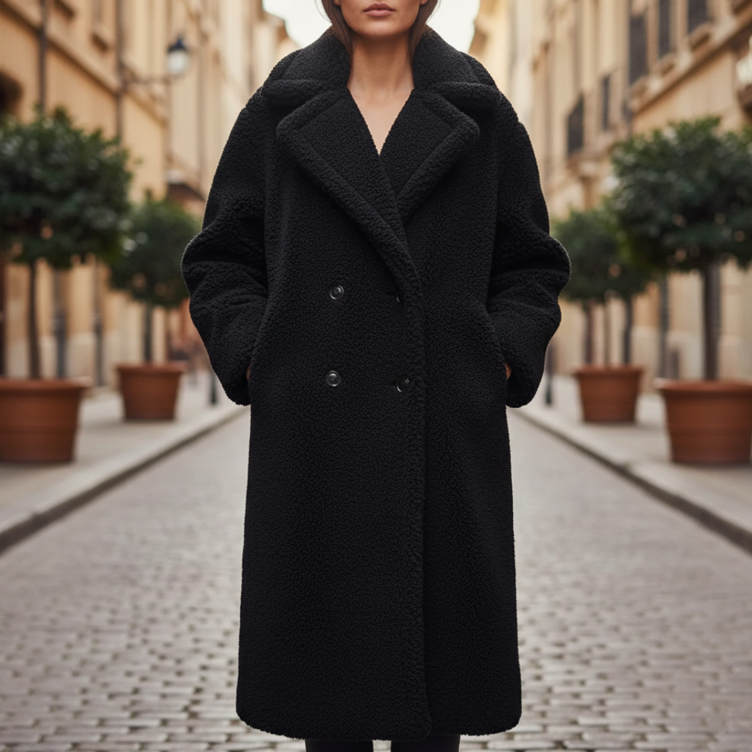 Women's long teddy coat loose fit double-breasted notched collar ultra-soft long pile plush fabric