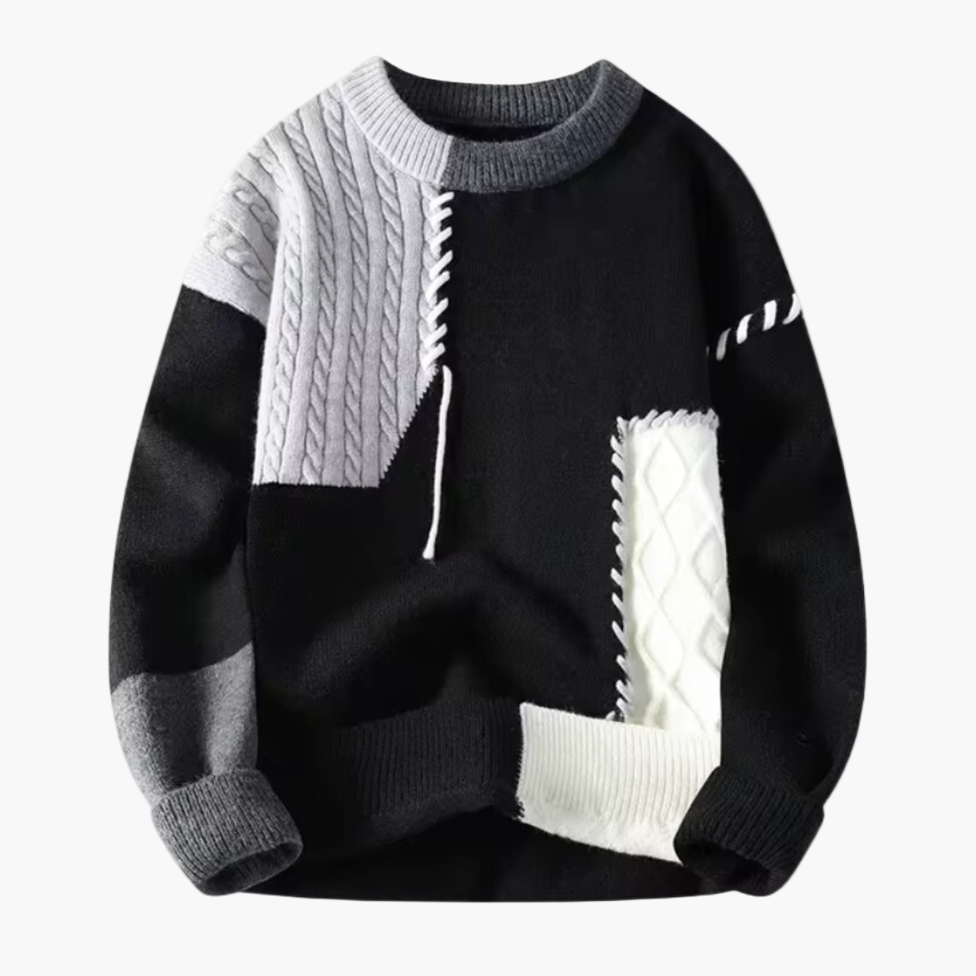 Men's patchwork knit sweater relaxed fit with multicolor artistic panels for smart-casual style