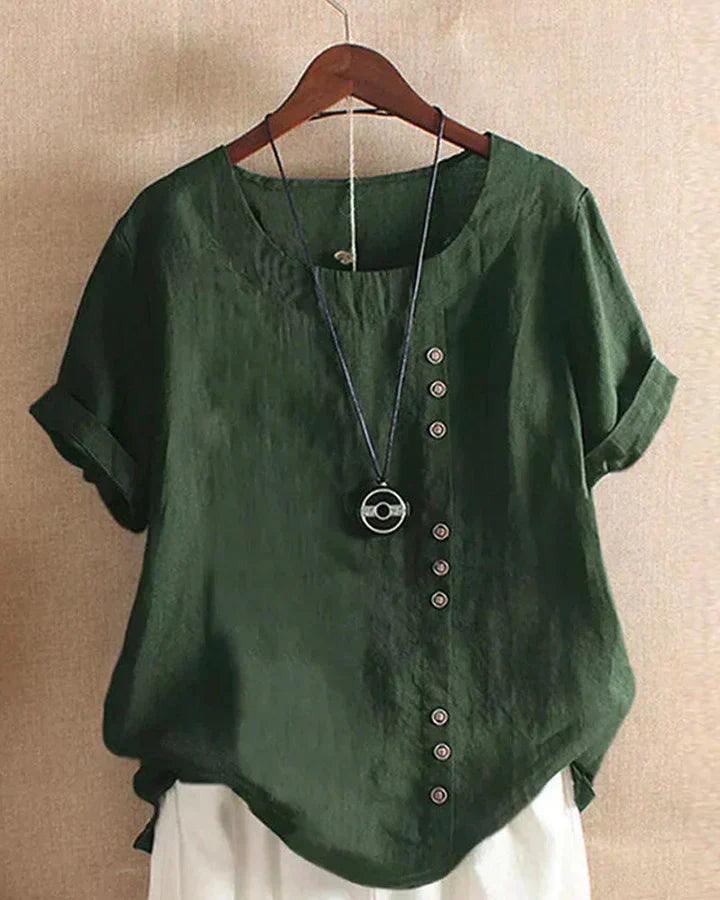 Women's solid Kelly blouse, round neck short sleeve, versatile office-ready essential in classic cut