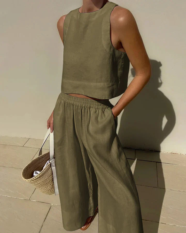 White linen minimalist matching set airy silhouette breathable fabric cool contemporary style