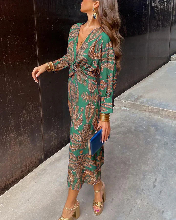 Women's light flowing maxi dress V-neck knot detail long sleeve elegant everyday silhouette