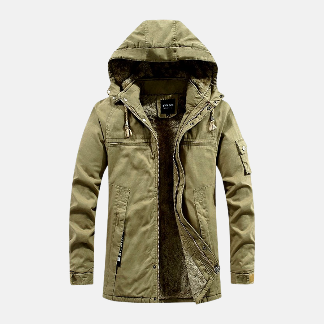Men's slim fit mid-length cotton blend jacket with heavy lined hood and utility pockets