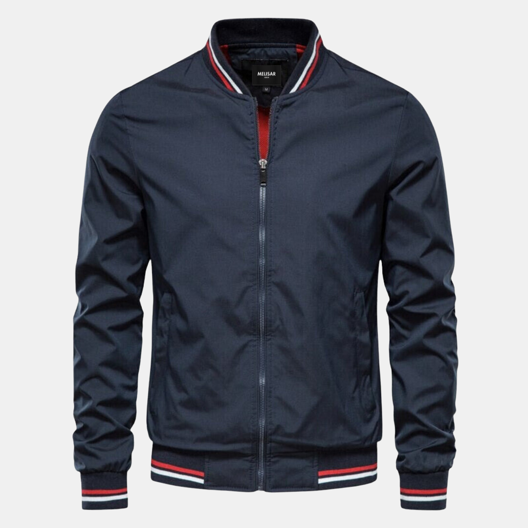 Men's lightweight bomber jacket neutral tone ribbed cuffs clean silhouette versatile fall essential