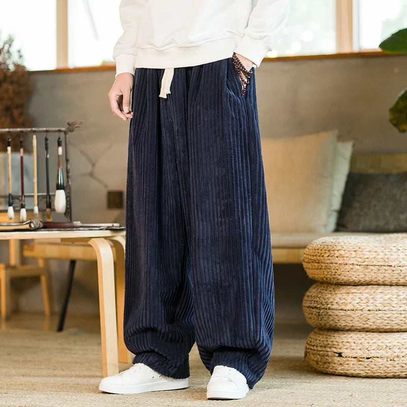 Men's brown corduroy harem pants relaxed fit with pleated front soft cotton blend casual style