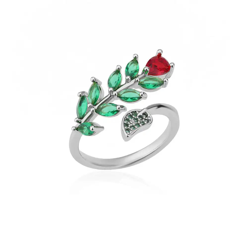 Rose gold adjustable vine ring with green marquise and red heart-cut zirconia stones