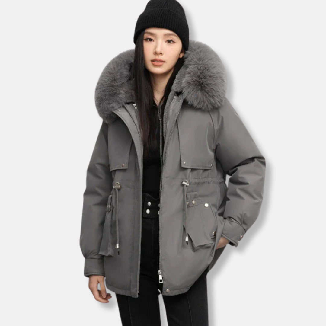 Women's weather-resistant parka jacket with faux fur collar, drawstring waist, mid-thigh length