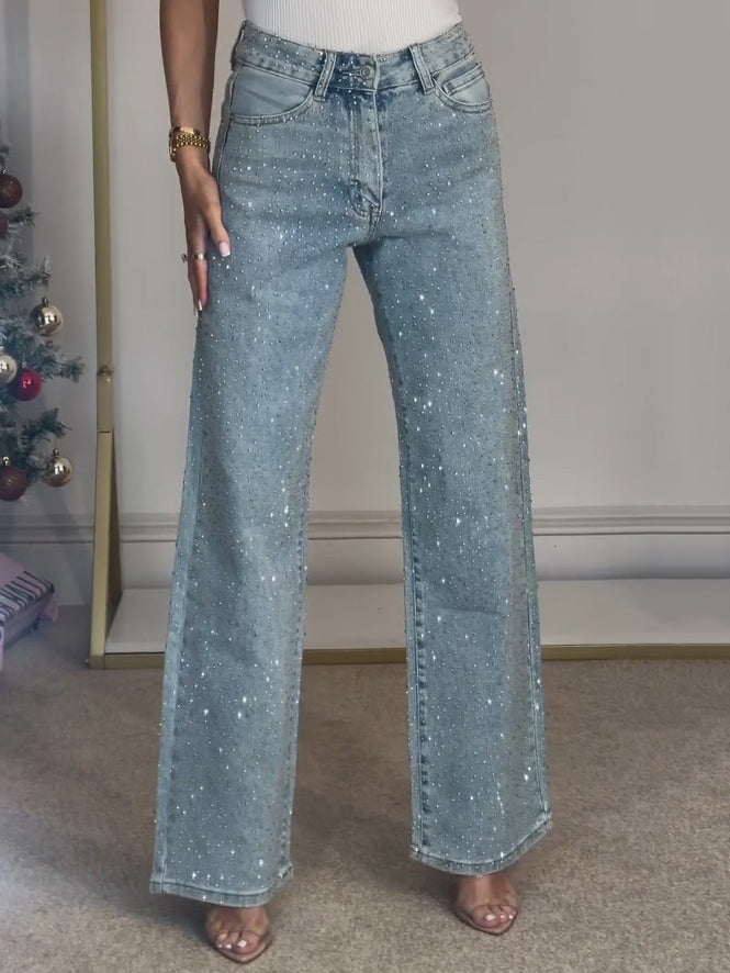 Women's high-rise straight-leg jeans with all-over rhinestone embellishments in classic blue denim