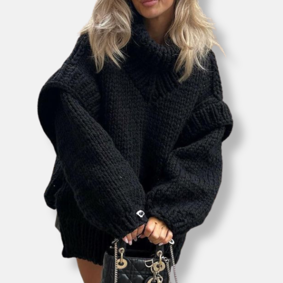 Women's oversized chunky knit wool turtleneck pullover sweatshirt in cozy autumn winter style