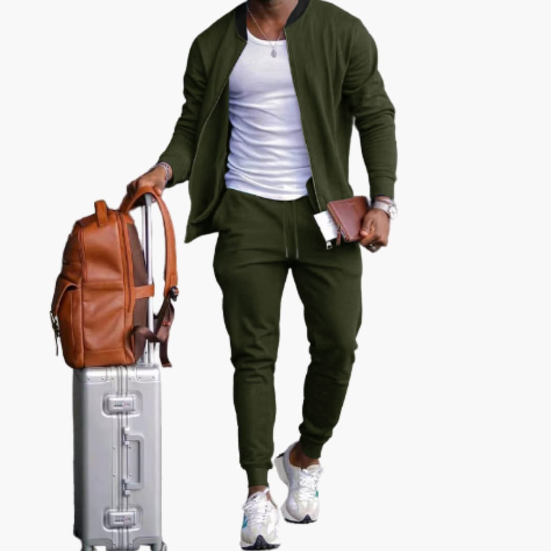 Men's textured zip jacket and tapered pants set in coordinated athleisure style with front zipper