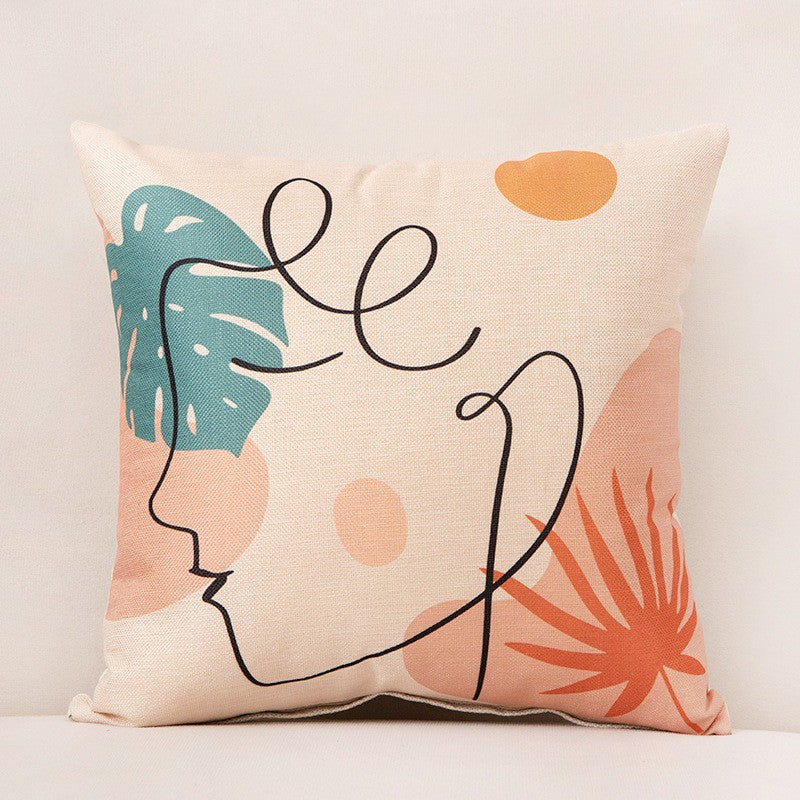 Abstract face line art polyester cushion cover linen texture bold colors modern home sofa decor