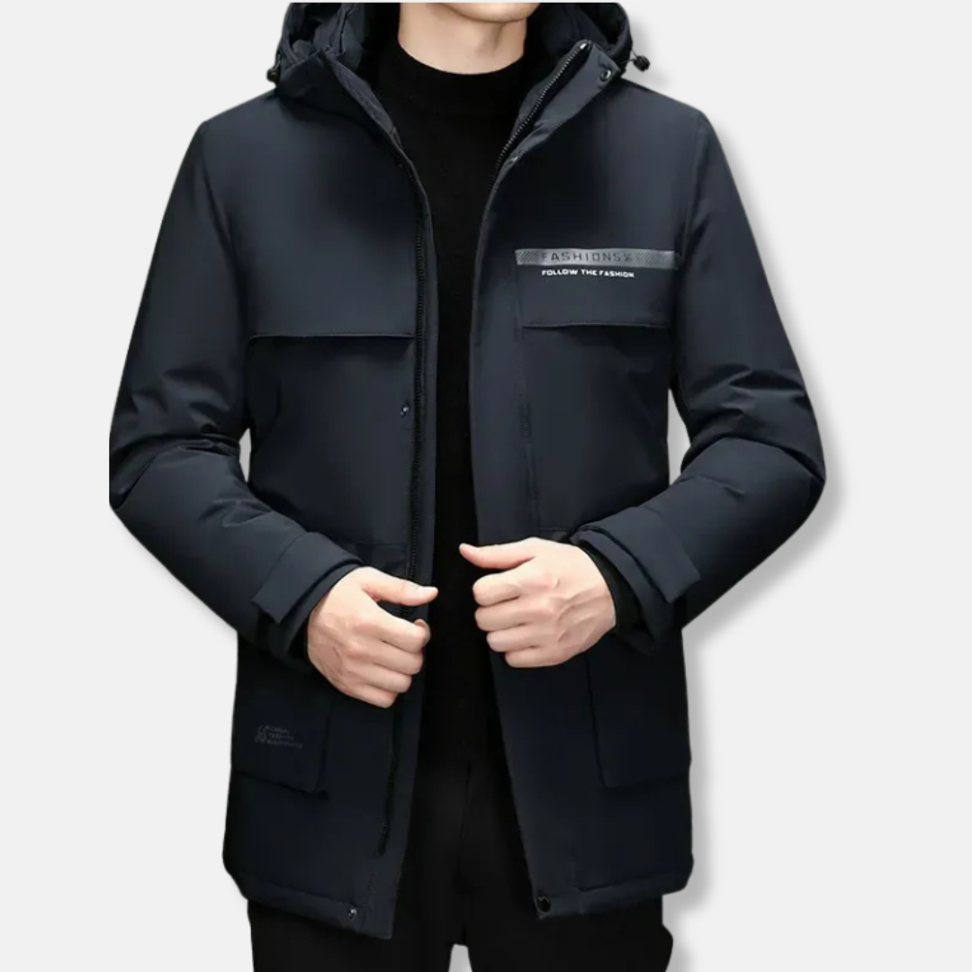 Men's slim-fit insulated hooded winter jacket lightweight warmth in versatile dark outerwear