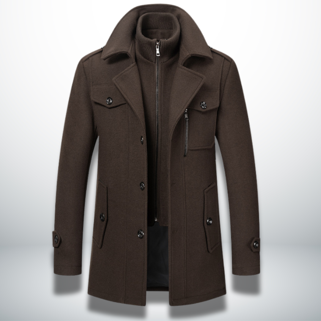 Men's long winter coat stand collar structured silhouette everyday style refined city look