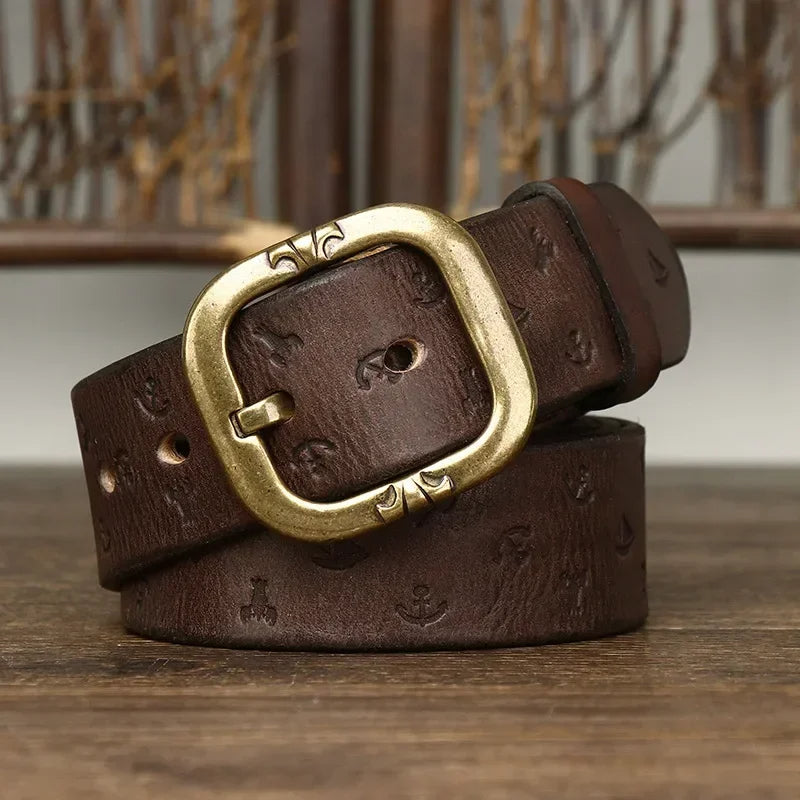 Men's brown leather nautical belt embossed anchors sailboats antique copper buckle maritime style