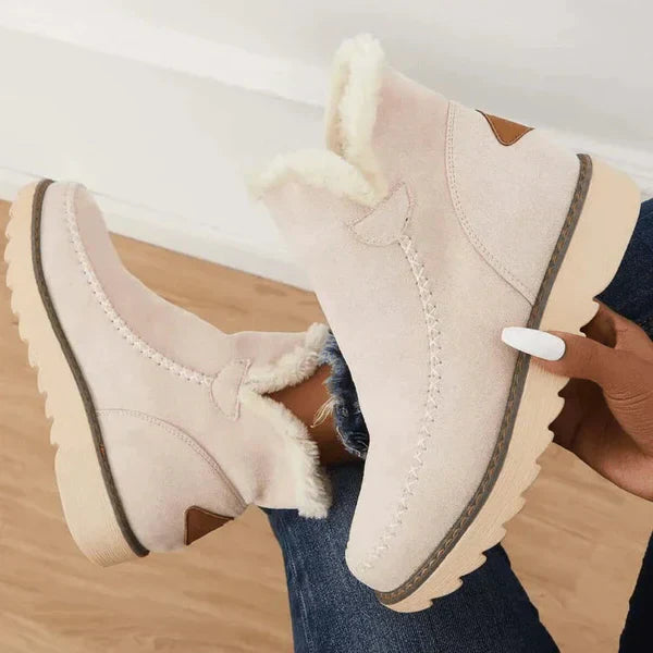 Women's brown ankle boots with plush faux fur lining, cozy modern silhouette for winter style