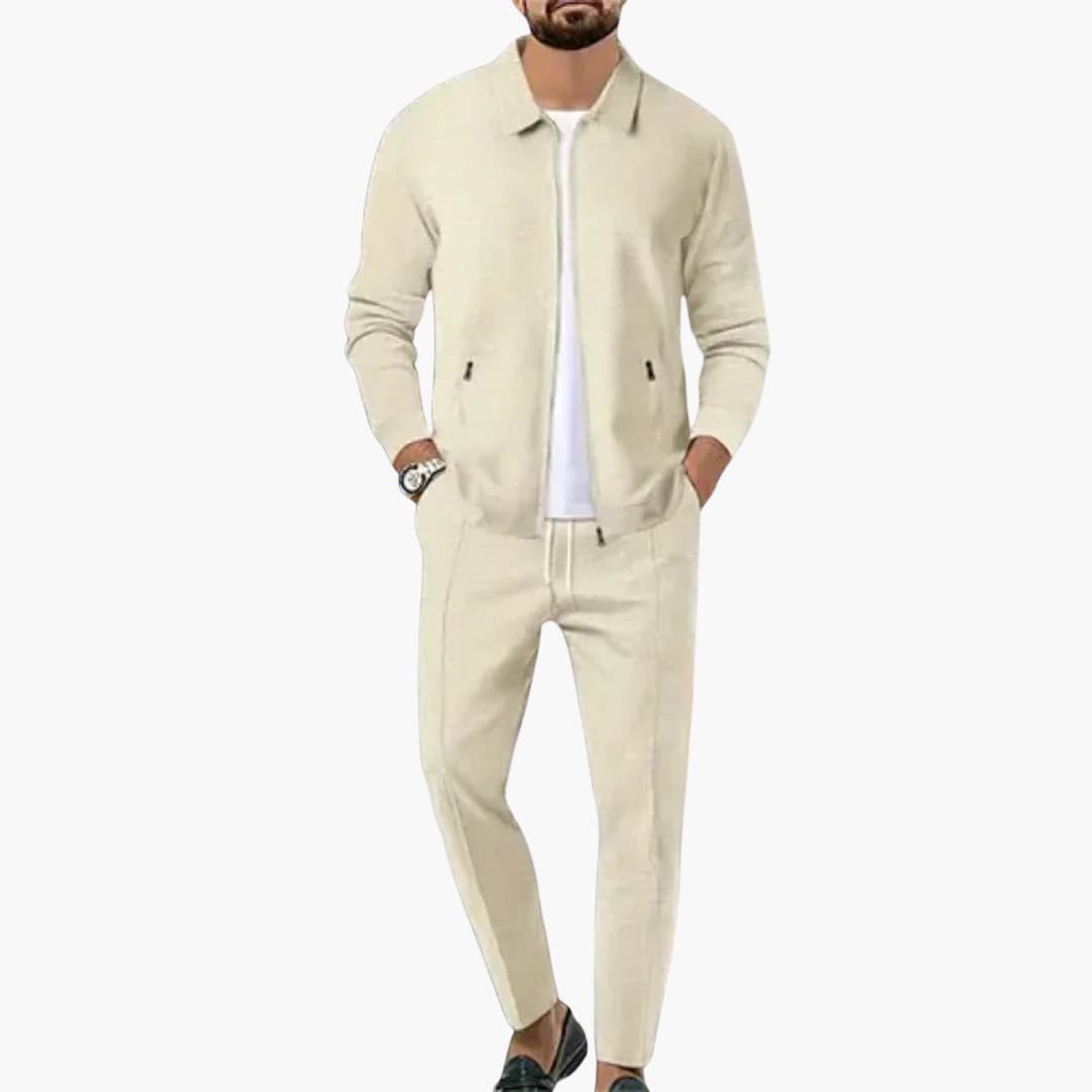 Men's lightweight two-piece zip-up collar shirt and straight-cut pants set for everyday wear