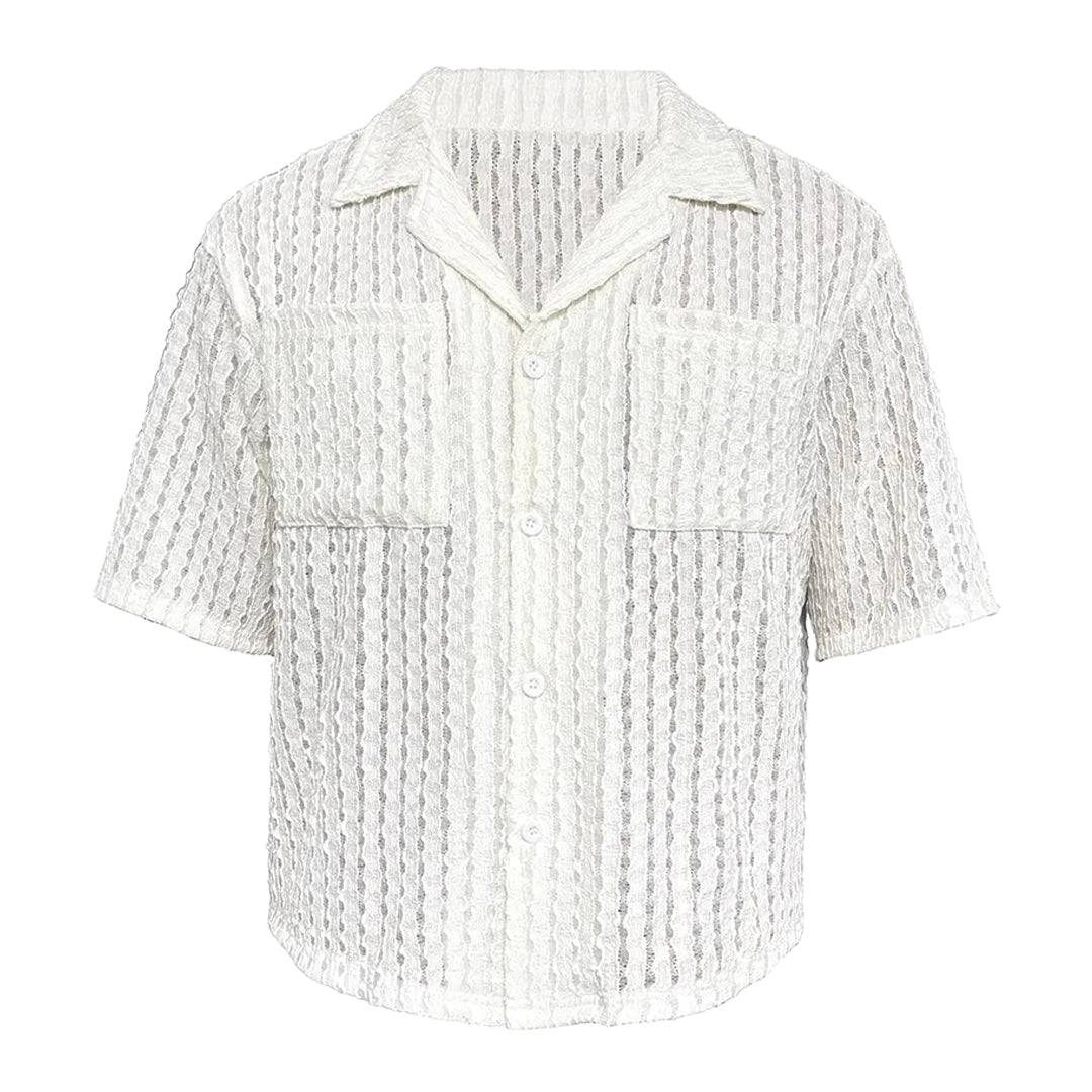 Men's open-knit mesh camp collar shirt relaxed fit dual chest pockets lightweight breathable summer