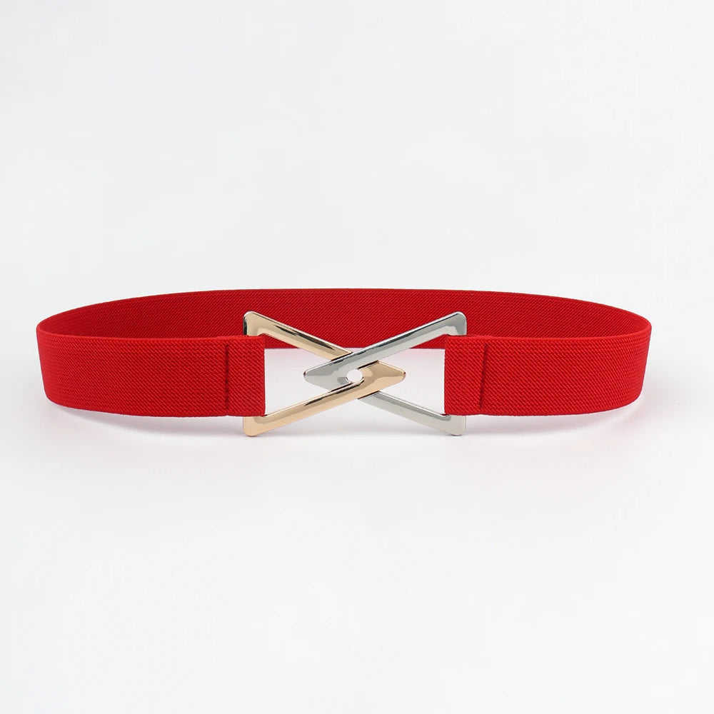 Women's wide elastic waist belt with polished V-shaped triangle buckle and contoured silhouette fit