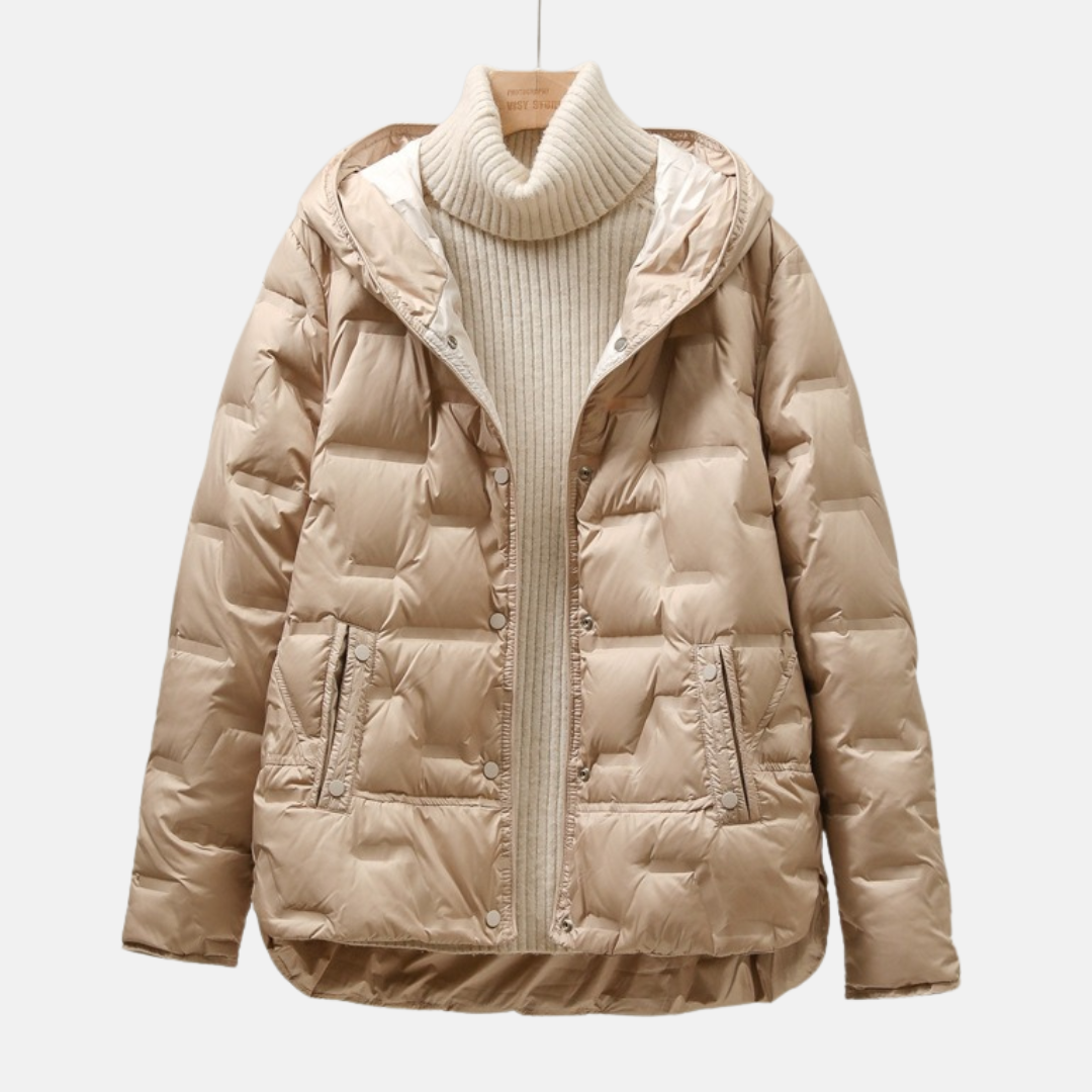 Women's quilted puff jacket with attached hood, relaxed silhouette, snap button closure for layering