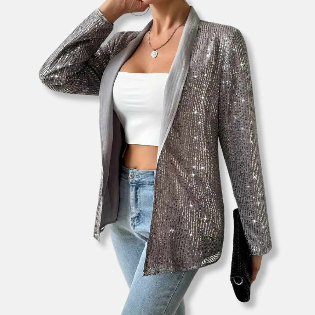 Women's silver sequined open-front hip-length blazer with notch lapels for glam party wear