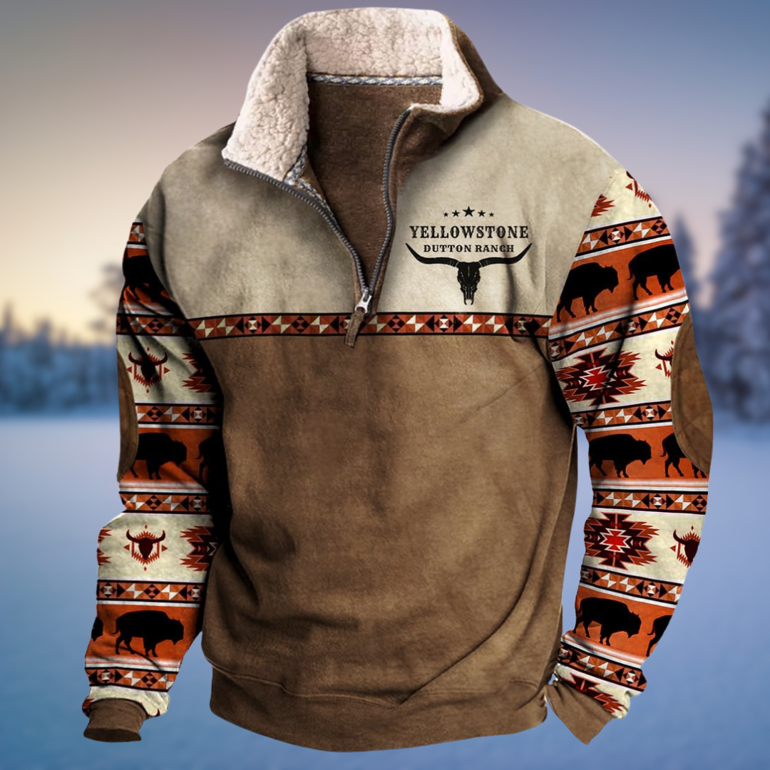 Brown western tribal graphic hoodie sweatshirt with soft fleece lining for relaxed outdoor style