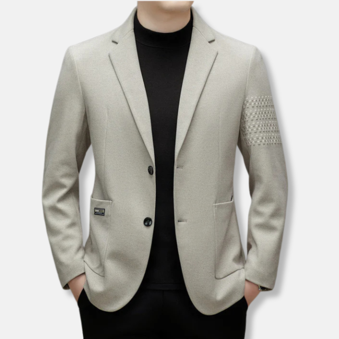 Men's slim fit wool blend blazer with notched lapel and embroidered sleeve detail for modern professionals