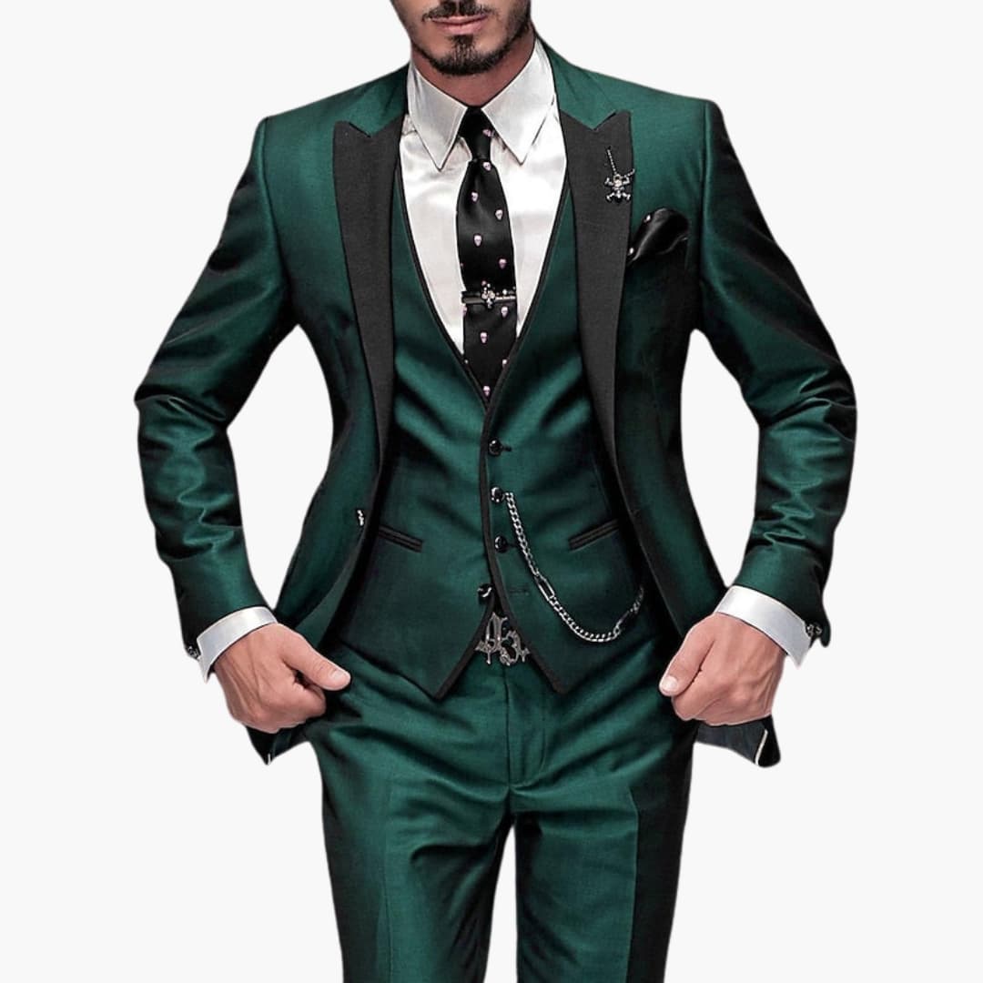 Men's charcoal three-piece suit set with notched lapels, waistcoat, and tailored trousers for formal occasions