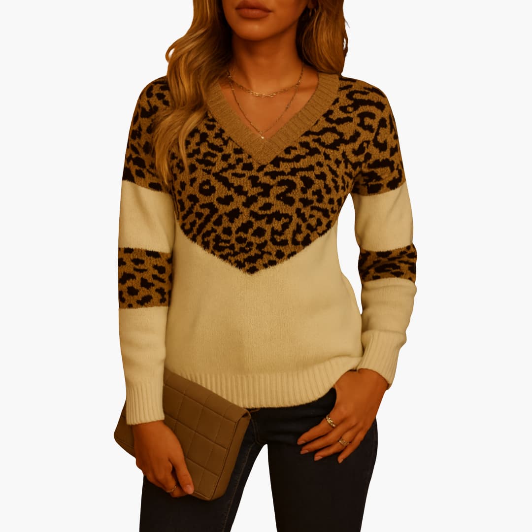 Women's animal print V-neck knit sweater with ribbed cuffs and edging for everyday style