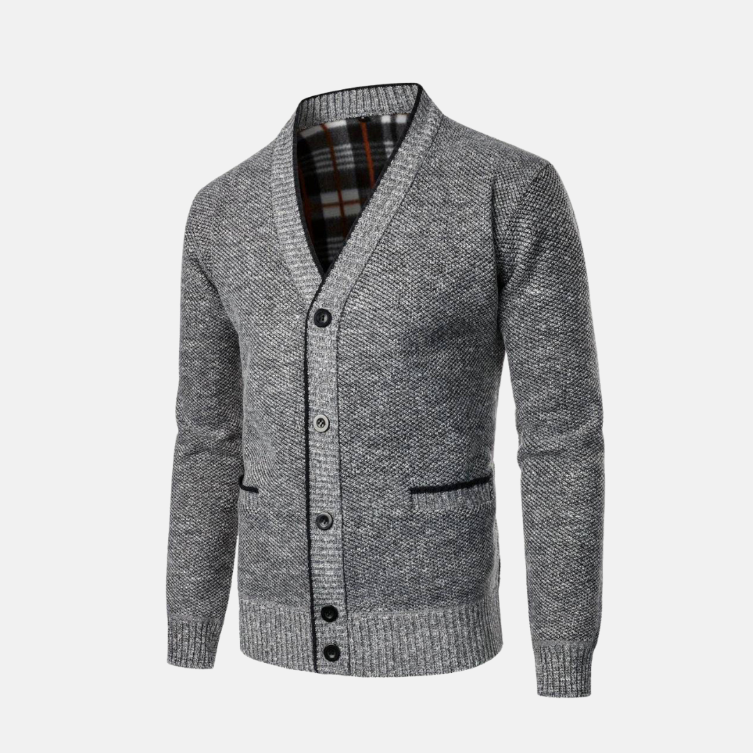Men's slim-fit wool-blend knitted cardigan with V-neck, button front, and side pockets