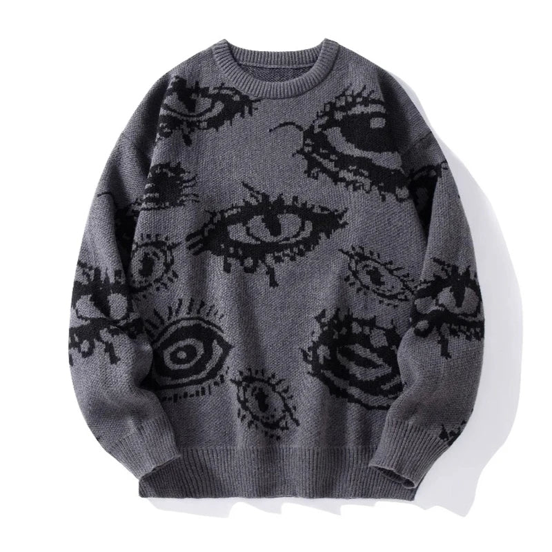 Oversized black knit sweater with all-over distorted eye motif jacquard brutalist streetwear acrylic blend