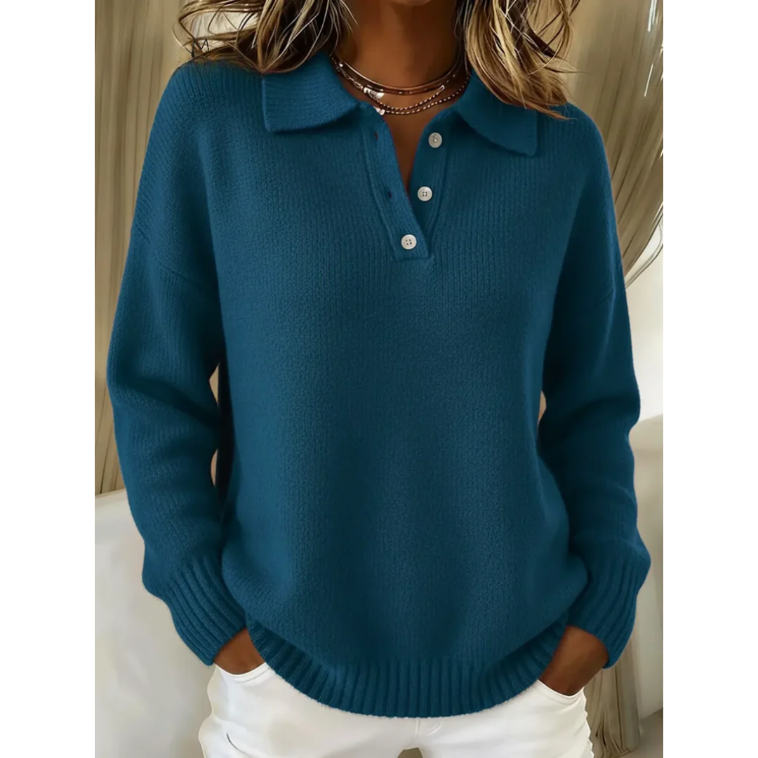 Soft knit polo sweater unisex lightweight cozy layering essential with refined collar and button placket