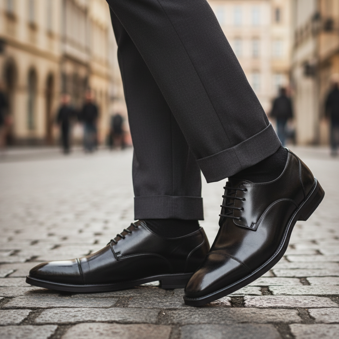 Men's elegant derby cap-toe dress shoes in brown black blue with adjustable fit for formal wear
