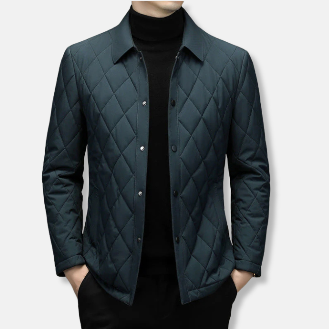 Men's navy quilted jacket diamond pattern regular fit hip-length outerwear snap closure