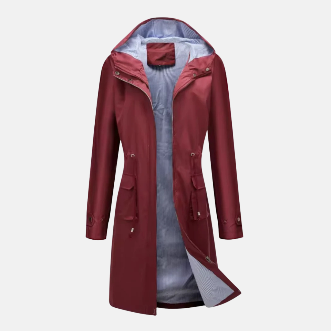 Women's water resistant long hooded jacket adjustable waist zip front flap pockets modern silhouette