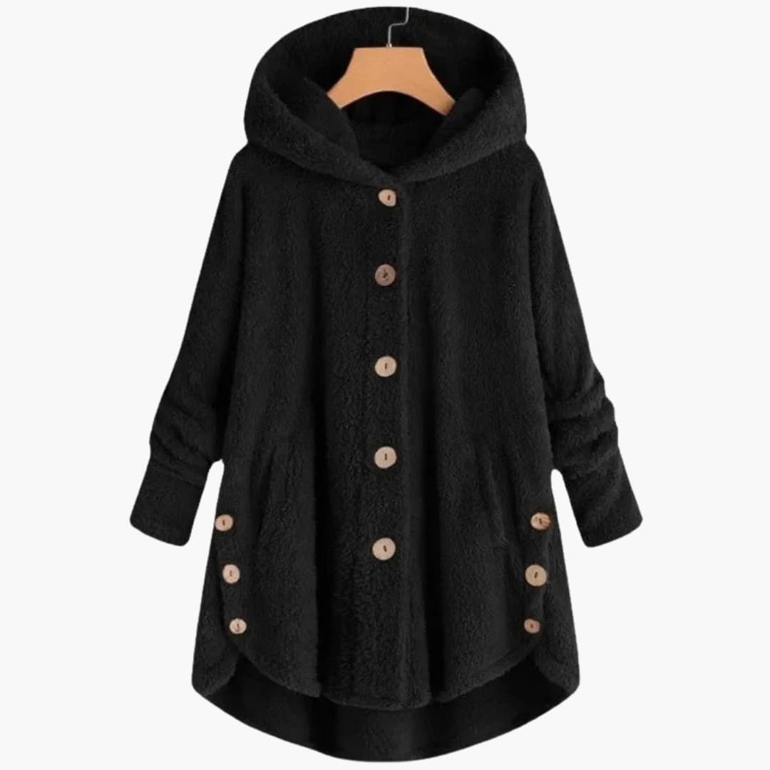 Women's hooded jacket button closure rounded hem versatile everyday layering piece for all seasons