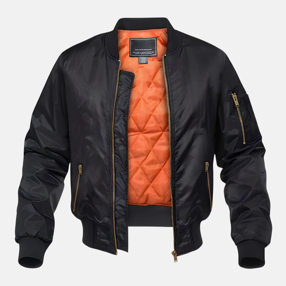Men's bomber jacket quilted lining zippered pockets timeless silhouette everyday fall winter warmth