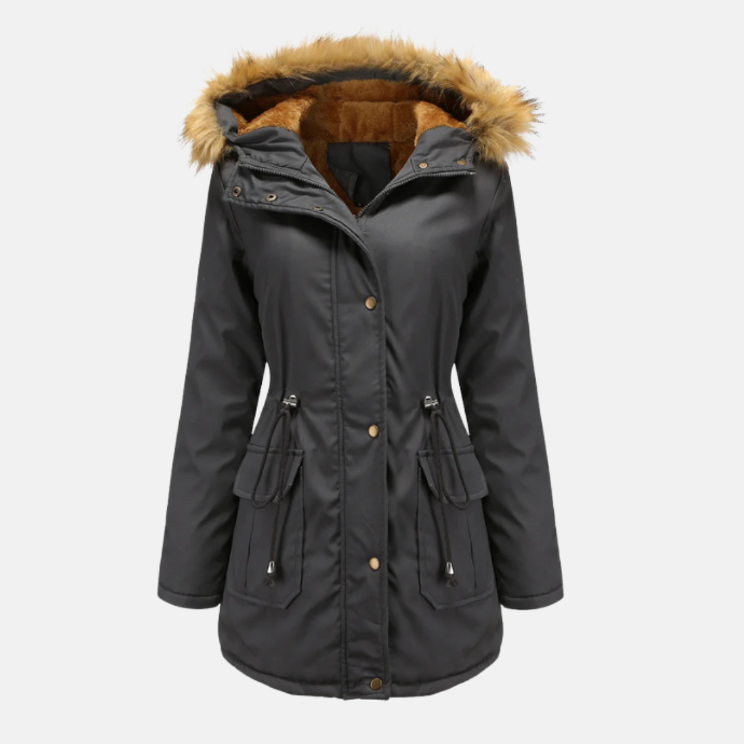 Women's mid-thigh parka jacket fleece-lined PU leather with detachable faux fur hood