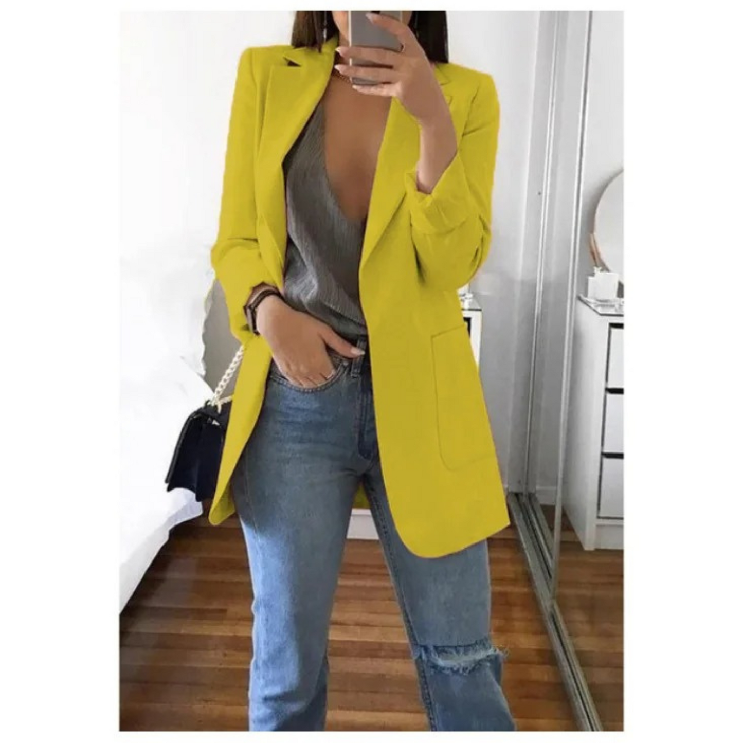 Women's long khaki blazer tailored fit elegant office style refined silhouette all-day comfort
