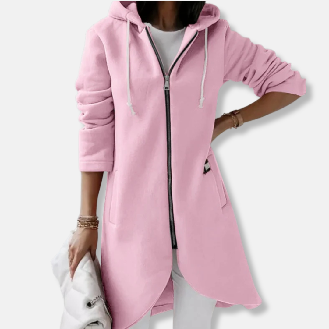 Women's gray knit hooded cardigan, longline relaxed fit with full-zip closure and asymmetrical high-low hem