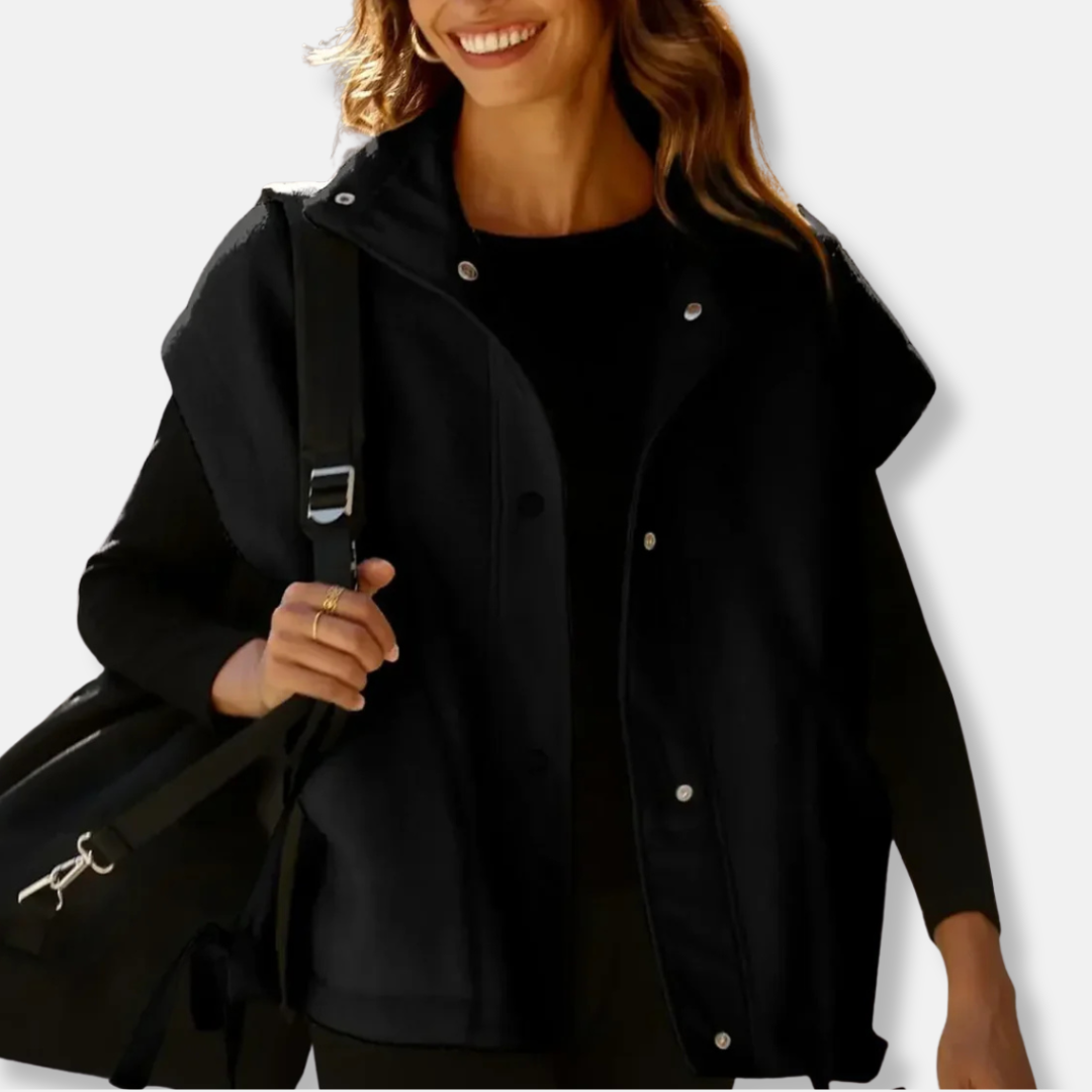 Women's plush fleece vest oversized relaxed fit stand-up collar snap button closure cozy layering