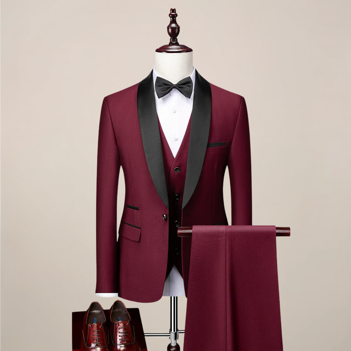 Men's slim fit black three-piece dinner suit with contrast shawl lapels, ideal for formal occasions