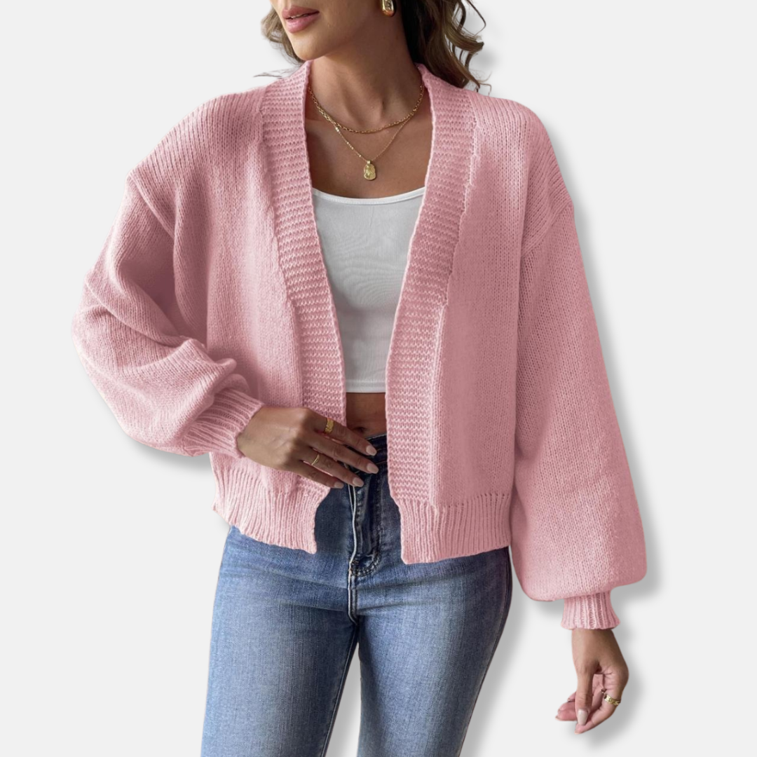 Women's cropped knit blend cardigan relaxed fit with dramatic lantern sleeves chic everyday style