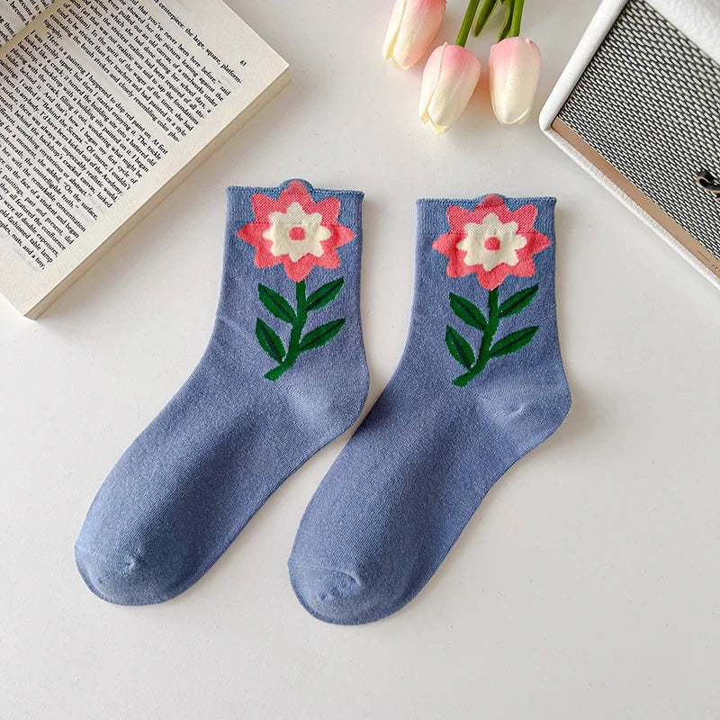 Women's mid-calf floral socks set 5 pairs premium cotton blend oversized painterly blooms multicolor