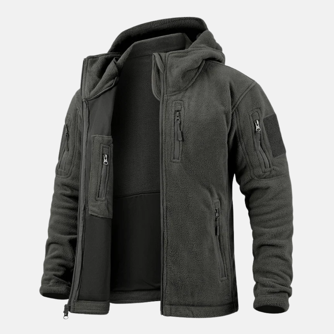 Men's tactical fleece jacket hip-length regular fit with breathable zipper pockets for outdoor adventures