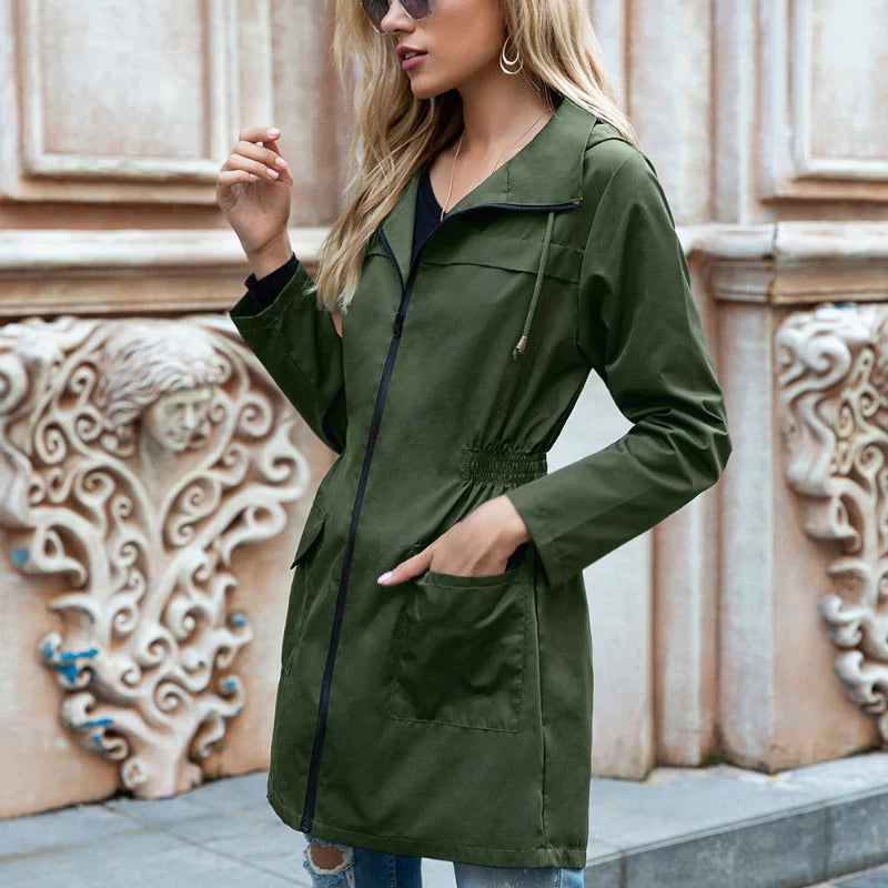 Women's lightweight water-repellent trench coat adjustable waist zipper closure long sleeve transitional style