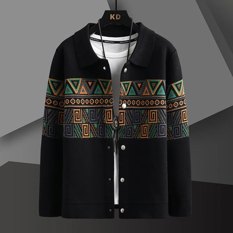 Women's relaxed-fit Aztec tribal knit cardigan in earthy tones with geometric pattern soft acrylic fabric