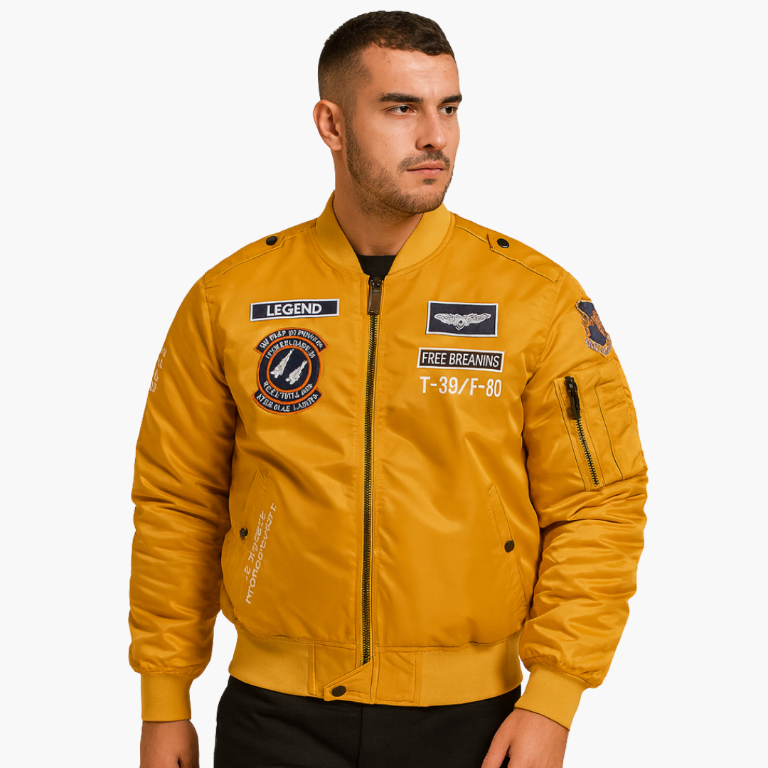 Men's black pilot bomber jacket with embroidery, ribbed cuffs and collar, classic flight style
